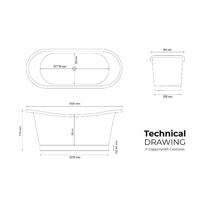 Coppersmith Creations Straight Base Copper Bathtub Full Nickel Finish 1500mm technical drawing