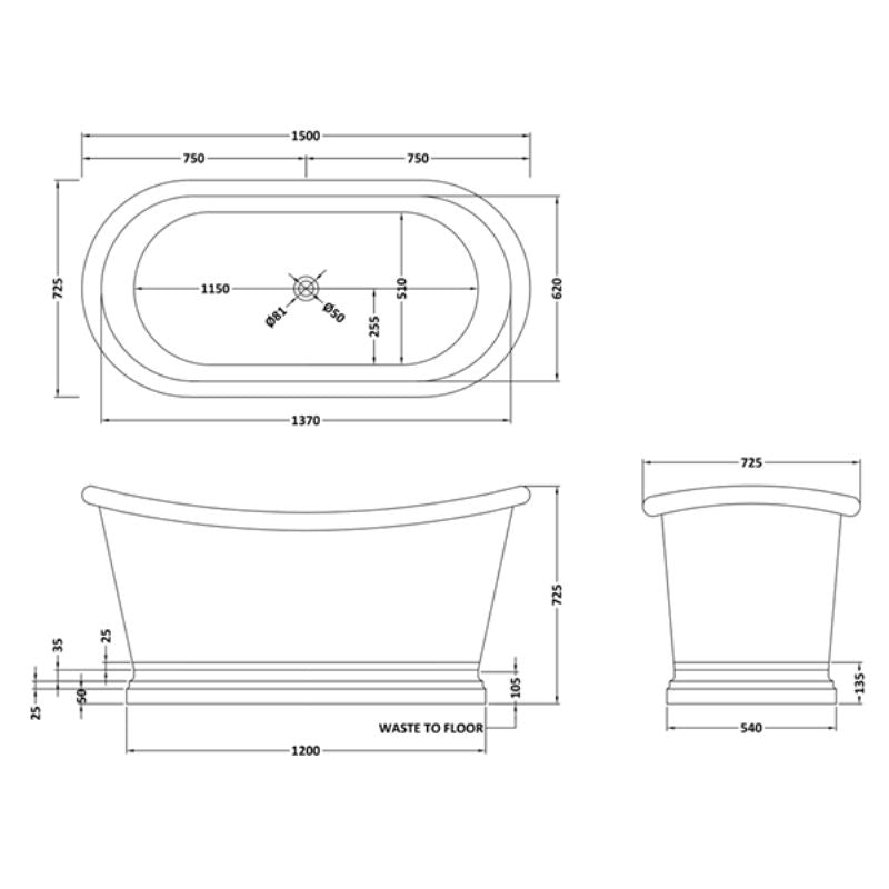 Antique Copper Nickel Boat Bath technical drawing