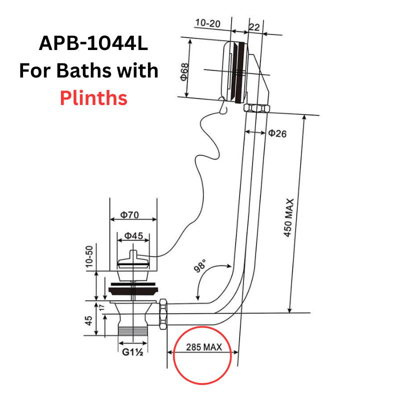 Arroll Bath Waste for plinths specifications