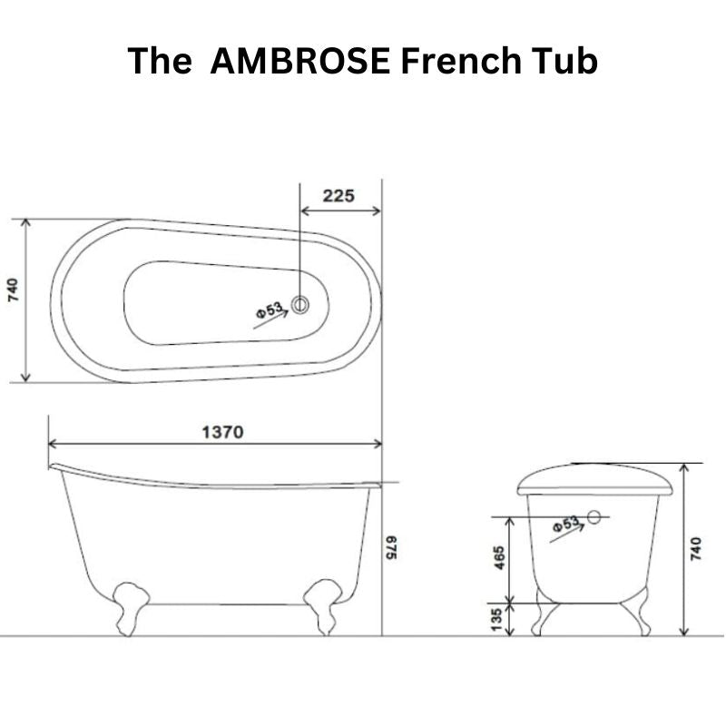 Arroll The AMBROSE Cast Iron Freestanding Roll Top Bath 1370mm technical drawing