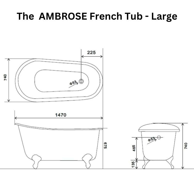 Arroll The AMBROSE Cast Iron Freestanding Roll Top Bath 1470mm technical drawing