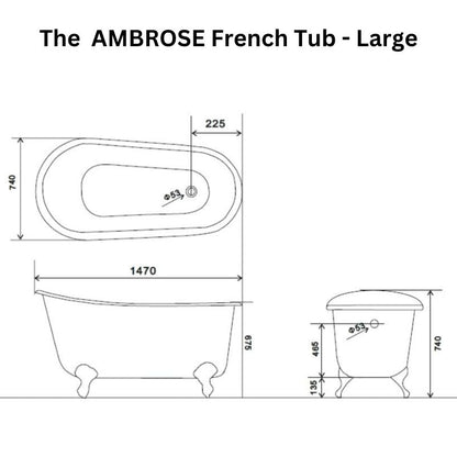 Arroll The AMBROSE Cast Iron Freestanding Roll Top Bath 1470mm technical drawing