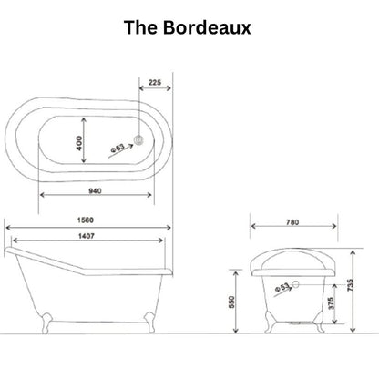 Arroll The Bordeaux Cast Iron Freestanding Roll Top Bath 1560mm technical drawing