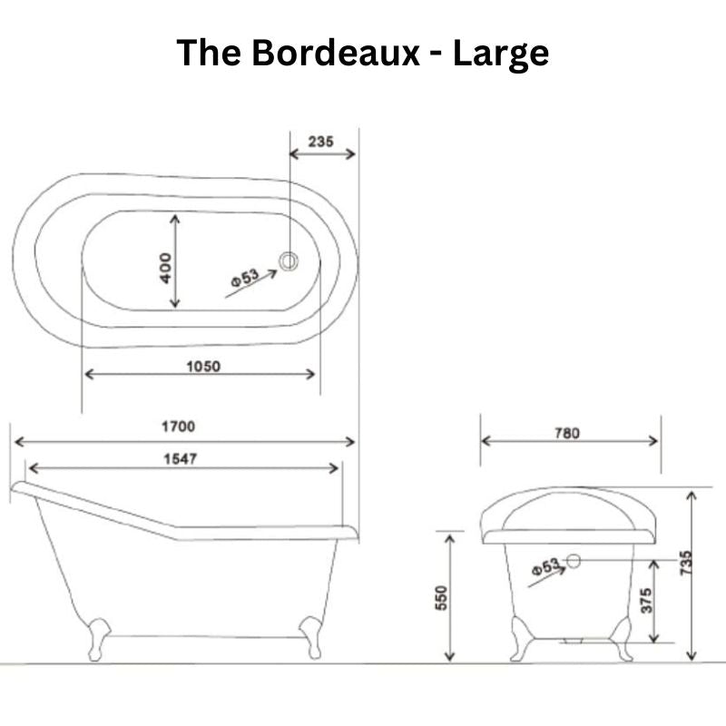 Arroll The Bordeaux Cast Iron Freestanding Roll Top Bath 1700mm technical drawing