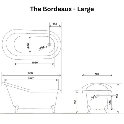 Arroll The Bordeaux Cast Iron Freestanding Roll Top Bath 1700mm technical drawing