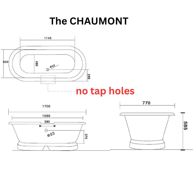 Arroll The CHAUMONT Cast Iron Freestanding Roll Top Bath 1700mm with plinth technical drawing without tap holes