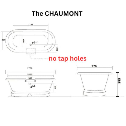 Arroll The CHAUMONT Cast Iron Freestanding Roll Top Bath 1700mm with plinth technical drawing without tap holes