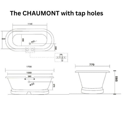 Arroll The CHAUMONT Cast Iron Freestanding Roll Top Bath 1700mm with plinth technical drawing with tap holes