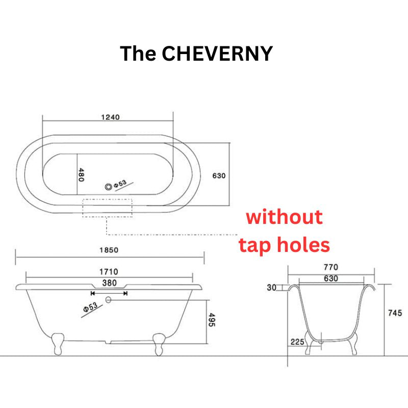 Arroll The CHEVERNY Cast Iron Freestanding Roll Top Bath 1850mm technical drawing without tap holes