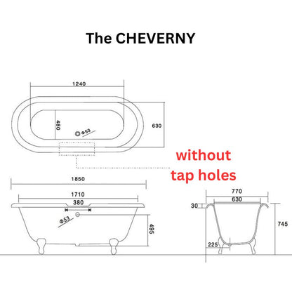 Arroll The CHEVERNY Cast Iron Freestanding Roll Top Bath 1850mm technical drawing without tap holes