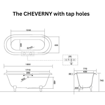 Arroll The CHEVERNY Cast Iron Freestanding Roll Top Bath 1850mm technical drawing with tap holes