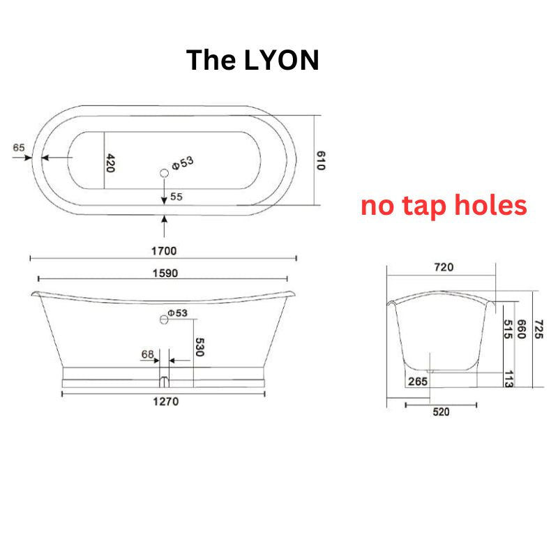 Arroll The LYON Cast Iron Freestanding Roll Top Bath 1700mm with plinth no tap holes technical drawing