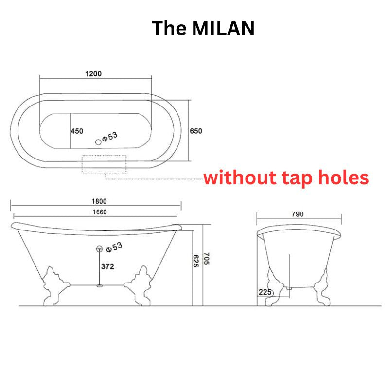 Arroll The MILAN Cast Iron Freestanding Roll Top Bath 1800mm technical drawing without tap holes