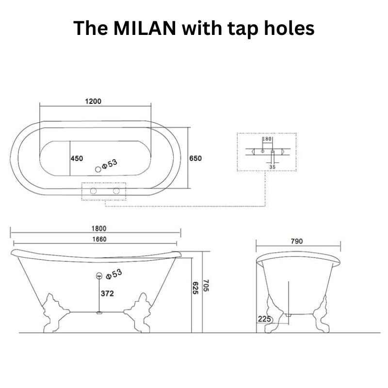 Arroll The MILAN Cast Iron Freestanding Roll Top Bath 1800mm technical drawing with tap holes