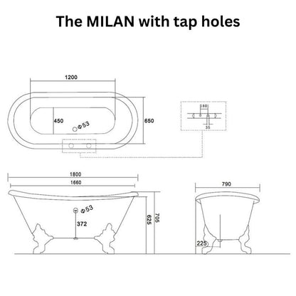 Arroll The MILAN Cast Iron Freestanding Roll Top Bath 1800mm technical drawing with tap holes