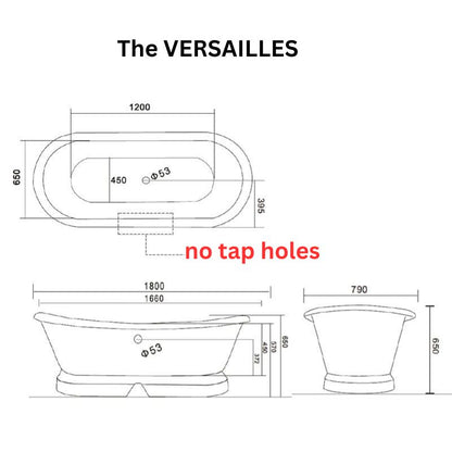 Arroll The Versailles Cast Iron Freestanding Roll Top Bath 1800mm with plinth technical drawing without tap holes