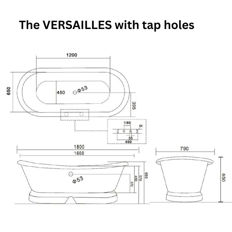 Arroll The Versailles Cast Iron Freestanding Roll Top Bath 1800mm with plinth technical drawing with tap holes