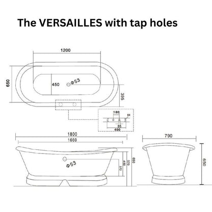 Arroll The Versailles Cast Iron Freestanding Roll Top Bath 1800mm with plinth technical drawing with tap holes