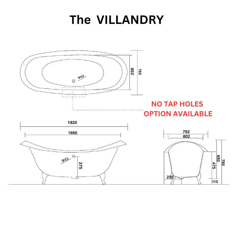 Arroll The Villandry Cast Iron Freestanding Roll Top Bath 1820mm no tap holes technical drawing