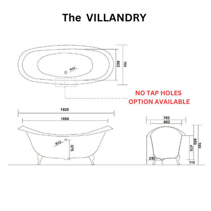 Arroll The Villandry Cast Iron Freestanding Roll Top Bath 1820mm no tap holes technical drawing