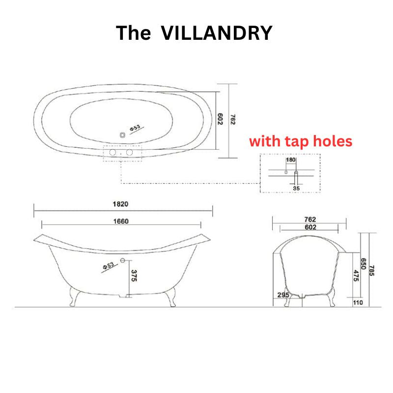 Arroll The Villandry Cast Iron Freestanding Roll Top Bath 1820mm with tap holes technical drawing