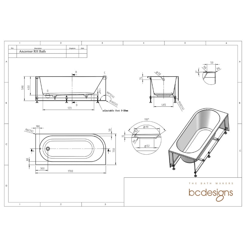 BC Designs ANCORNER Single Ended Corner Shower Bath Right Handed 1700mm technical drawing