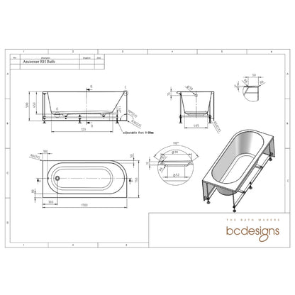 BC Designs ANCORNER Single Ended Corner Shower Bath Right Handed 1700mm technical drawing