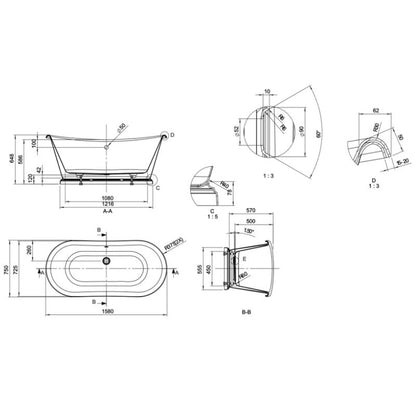 BC Designs Acrylic Boat Bath 1580mm technical drawing