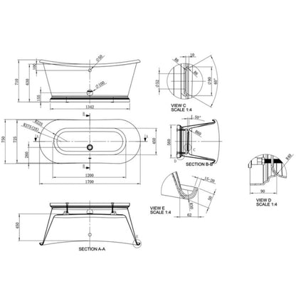 BC Designs Acrylic Boat Bath 1700mm technical drawing