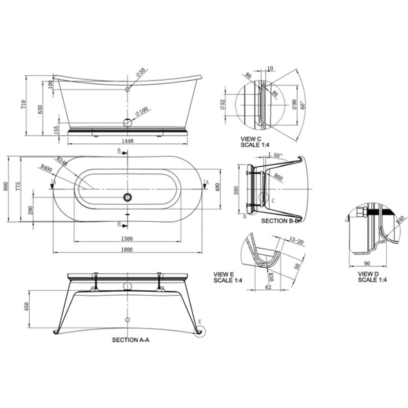 BC Designs Acrylic Boat Bath 1800mm technical drawing