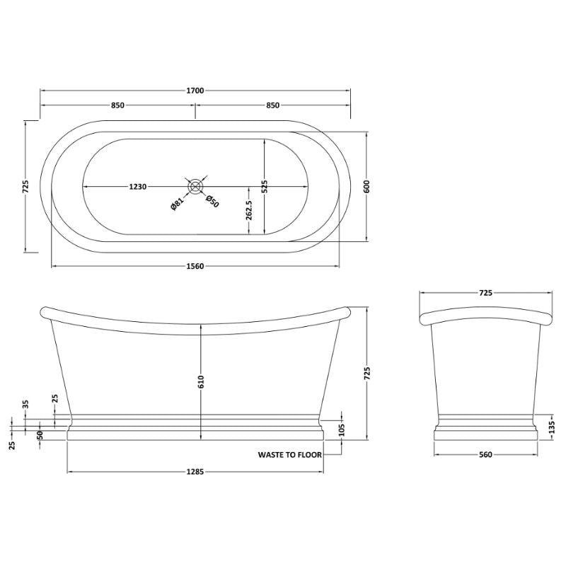 BC Designs Antique Copper Boat Bath 1700 technical drawing