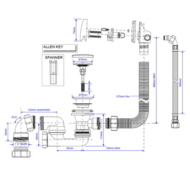 BC Designs BC Overflow Bath Filler technical drawing