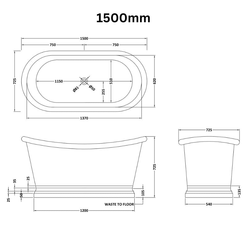 BC Designs Brass Boat Bath 1500 technical drawing