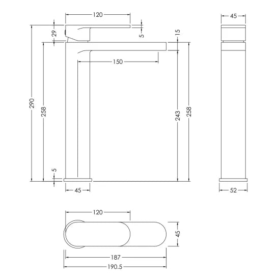 technical drawing for BC Designs CHELMSFORD Chelmsford High-Rise Mono Basin Mixer