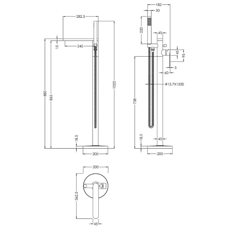 BC Designs CHELMSFORD Freestanding Bath Shower Mixer Chrome technical drawing