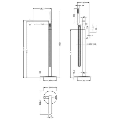 BC Designs CHELMSFORD Freestanding Bath Shower Mixer Chrome technical drawing