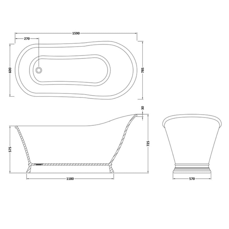 BC Designs Cian Slipper Bath 1590 technical drawing