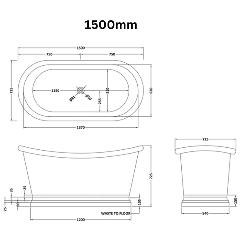 BC Designs Copper Boat Bath 1500 technical drawing