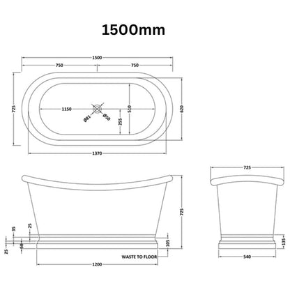 BC Designs Copper Boat Bath 1500 technical drawing