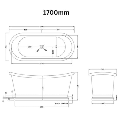 BC Designs Copper Boat Bath 1700 technical drawing