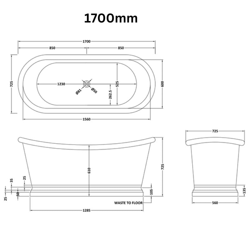 BC Designs Copper Nickel Boat Bath, 1700 technical drawing