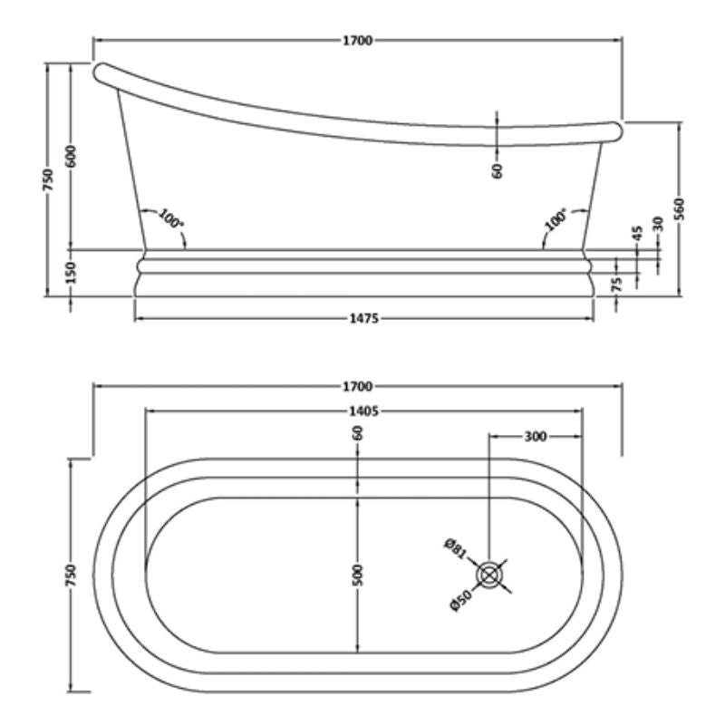 BC Designs Copper Nickel Slipper Bath 1700 technical drawing