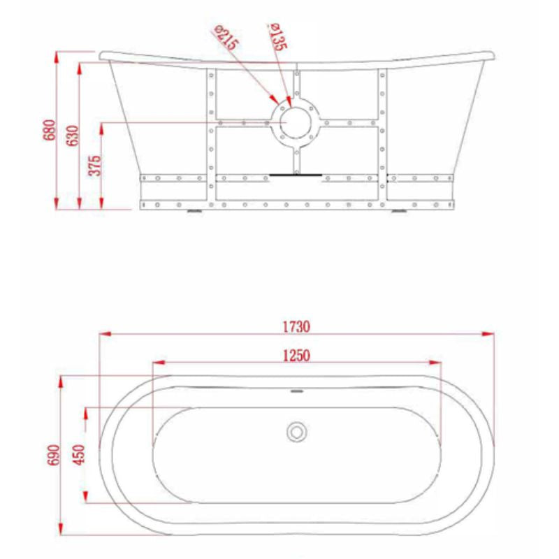 BC Designs Industrialé Boat Bath 1730 top view technical drawing