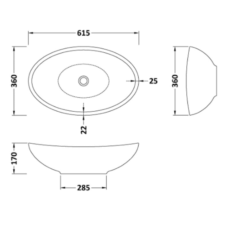 BC Designs Kurv Basin 615 technical drawing