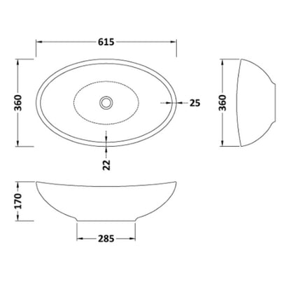 BC Designs Kurv Basin 615 technical drawing