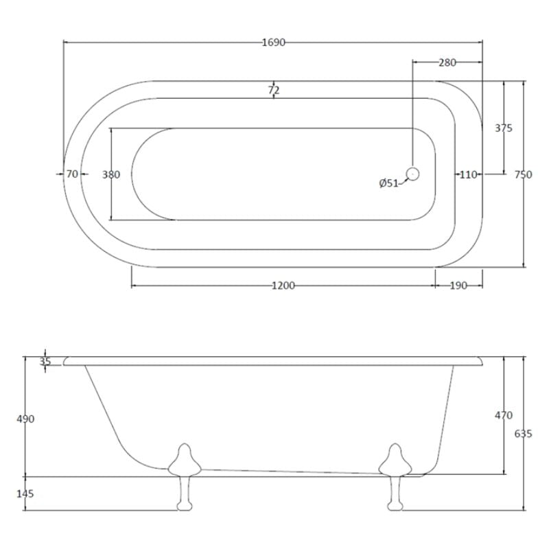 BC Designs Mistley Bath 1700 technical drawing top view