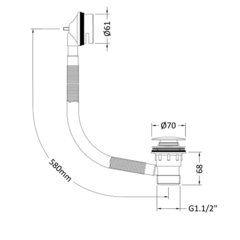 BC Designs Push Down Concealed Bath Waste & Overflow, slotted technical drawing