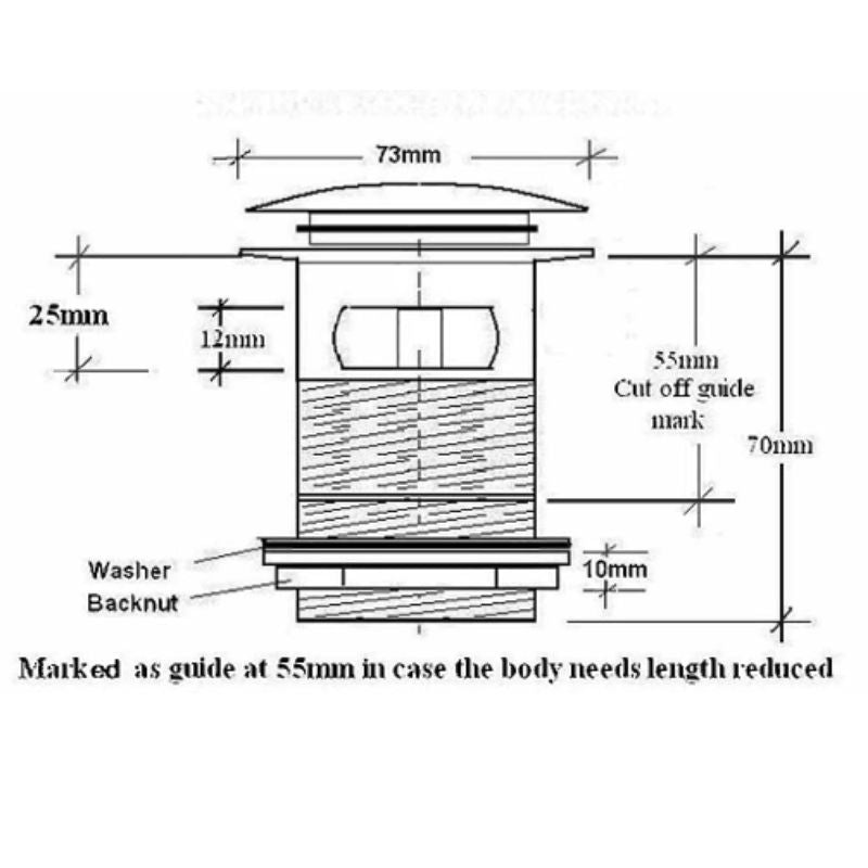 BC Designs Push down 70mm, slotted waste technical drawing