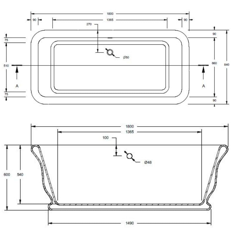 BC Designs Senator Bath without Feet 1804 technical drawing