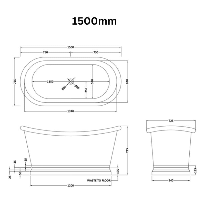 BC Designs Verdigris Green Copper Boat Bath 1500 technical drawing